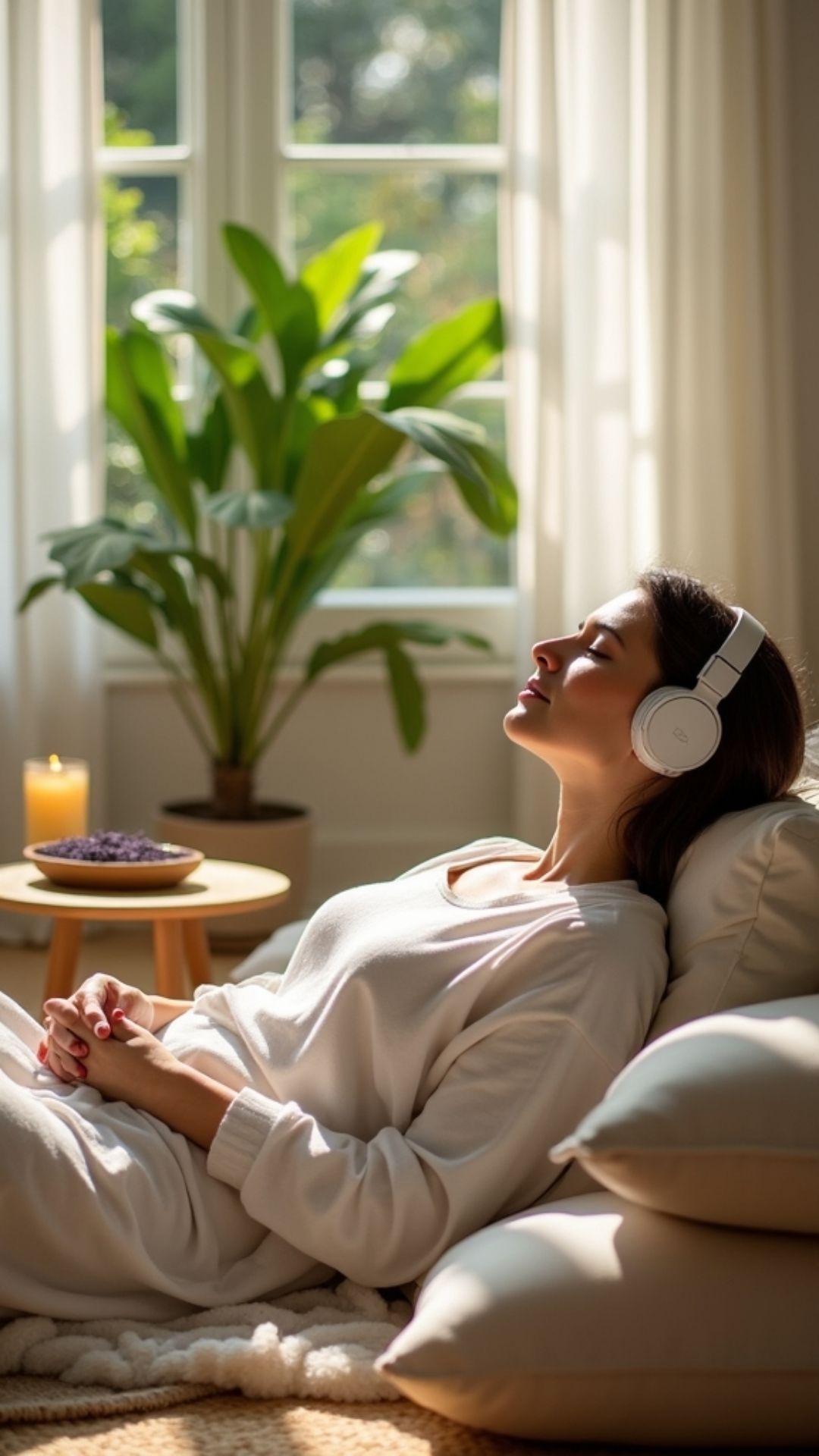 Person seated comfortably with eyes closed practicing a quiet breath awareness exercise in a serene setting